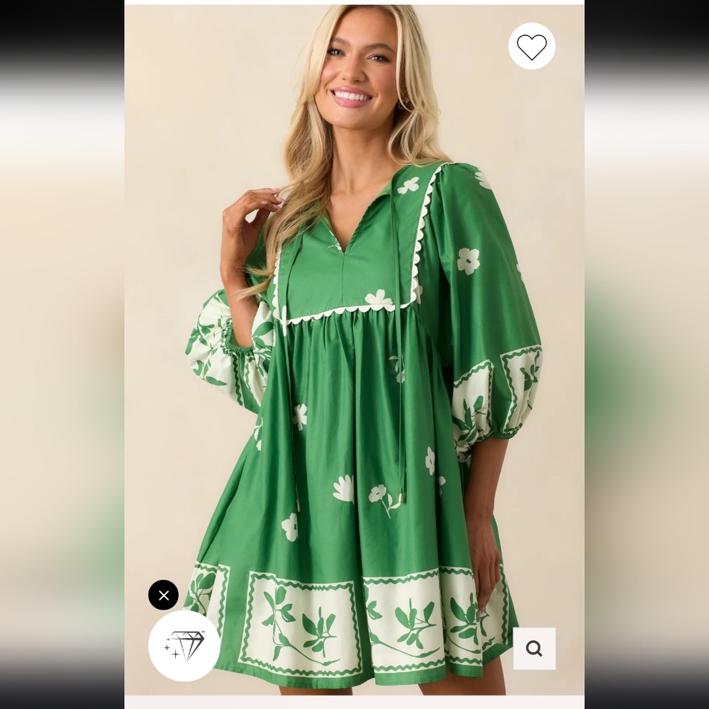 Entro NWT Glorious Green Babydoll Dress Stamped Floral Spring Mini Sz 1X - Picture 2 of 10